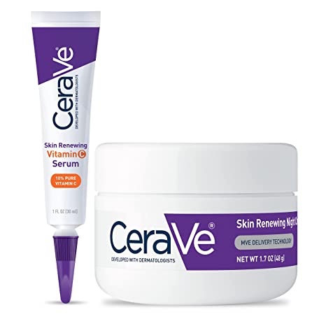 cerev4-beauty-1 CeraVe Vitamin C Serum and Night Cream Skin Care Set | Brightening Serum with 10% Pure Vitamin C and Night Moisturizer with Peptides| Hyaluronic Acid and Ceramides | 1oz Serum + 1.7oz Moisturizer - Image 1